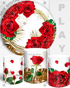 PAINEL E TRIO FLORAL VERMELHO TECIDO   MALHA  PREMIUM  