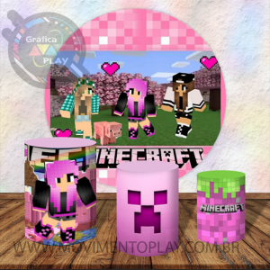 PAINEL E TRIO MINECRAFT ROSA TECIDO   MALHA  PREMIUM  